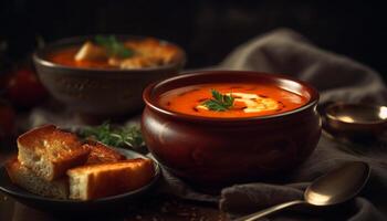 Rustic pumpkin soup with fresh bread and herb butter spread generated by AI photo