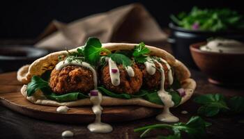 A la parrilla carne de vaca hamburguesa en rústico un pan con Fresco tomate ensalada generado por ai foto