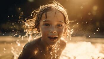 contento niño salpicaduras en el agua, disfrutando verano vacaciones al aire libre generado por ai foto