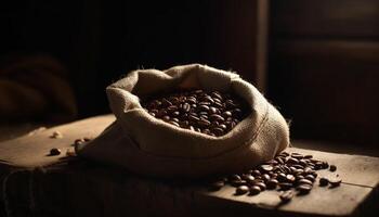 Freshly roasted coffee beans in burlap sack on rustic table generated by AI photo
