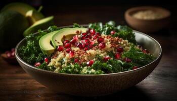 Fresh vegetarian quinoa salad with pomegranate, avocado, and cilantro appetizer generated by AI photo