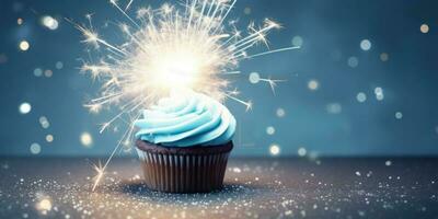 Cupcake with sparkler. Illustration AI Generative photo
