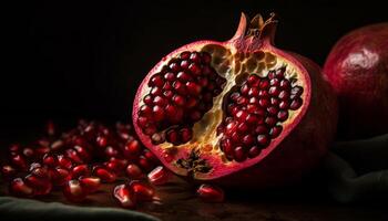 Juicy pomegranate seed slice, a refreshing antioxidant snack on wood generated by AI photo