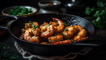 Grilled prawn and scampi appetizer, cooked to perfection on cast iron generated by AI photo