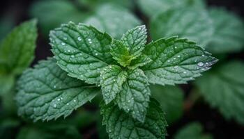 Fresco menta verde hoja con Rocío gota, un limpiar resumen belleza generado por ai foto