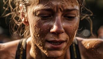 Smiling woman enjoys summer rain, splashing in dirty water generated by AI photo