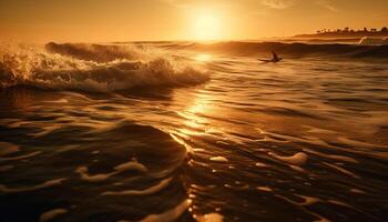 The tranquil scene of a back lit sunset over water generated by AI photo