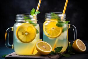 two glass of lemon juice in black background photo