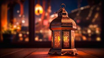 durante mes de ramadán, musulmanes Decorar casas con brillantemente iluminado tradicional árabe lámparas, llamado linternas, símbolo de alegría, espiritualidad de santo festival. concepto Arábica, islam, religión. generar ai foto