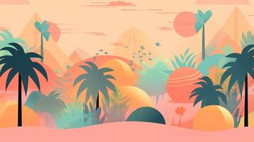 Summer illustration. vibrant abstract poster with tropical palms, rich colours, and jungle elements is perfect for promoting a paradise-themed party or event on various media platforms. Generate AI. photo