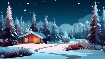 , Winter, festive, Christmas background. In a whimsical vintage illustration, a merry scene unfolded at home on a magical winter night, with snowflakes swirling in the air. photo
