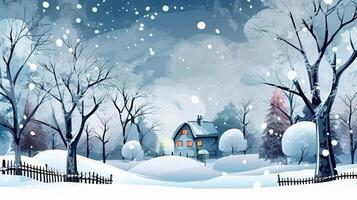 Winter, festive, Christmas background. In a whimsical vintage illustration, a merry scene unfolded at home on a magical winter night, with snowflakes swirling in the air. photo