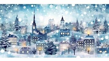 Winter, festive, Christmas background. In a whimsical vintage illustration, a merry scene unfolded at home on a magical winter night, with snowflakes swirling in the air. photo