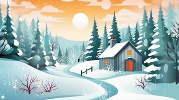 , Winter, festive, Christmas background. In a whimsical vintage illustration, a merry scene unfolded at home on a magical winter night, with snowflakes swirling in the air. photo