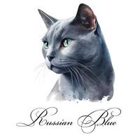 Watercolor illustration of a single cat breed russian blue. AI generated. Watercolor animal collection of cats. Cat portrait. Illustration of Pet. photo