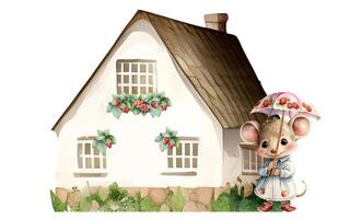 Watercolor rustic village house. Countryside landscape in strawberry theme. berry farmhouse. photo