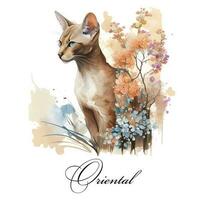 Watercolor illustration of a single cat breed oriental with flowers. AI generated. Watercolor animal collection of cats. Cat portrait. Illustration of Pet. photo