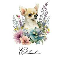 Watercolor illustration of a single dog breed chihuahua with flowers. AI generated. Dog portrait. photo