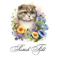 Watercolor illustration of a single cat breed scottish fold with flowers. . Watercolor animal collection of cats. Cat portrait. Illustration of Pet. photo
