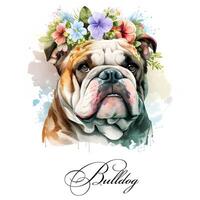 Watercolor illustration of a single dog breed bulldog with flowers. AI generated. Dog portrait. photo