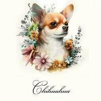 Watercolor illustration of a single dog breed chihuahua with flowers. AI generated. Dog portrait. photo