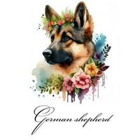 Watercolor illustration of a single dog breed german shepherd with flowers. AI generated. Dog portrait. photo