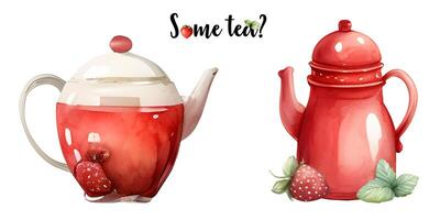 Watercolor teapot with strawberry tea. Time o clock. . Strawberry tea party, Tea shop, cafe, tea lover. photo