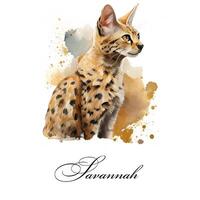 Watercolor illustration of a single cat breed savannah. AI generated. Watercolor animal collection of cats. Cat portrait. Illustration of Pet. photo