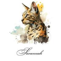 Watercolor illustration of a single cat breed savannah. AI generated. Watercolor animal collection of cats. Cat portrait. Illustration of Pet. photo