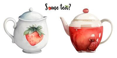 Watercolor teapot with strawberry tea. Time o clock. . Strawberry tea party, Tea shop, cafe, tea lover. photo