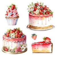 Watercolor strawberry cake cupcake dessert. Cake, cupcake, cream fruit dessert, strawberry pie. photo