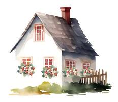 Watercolor rustic village house. Countryside landscape in strawberry theme. berry farmhouse. photo