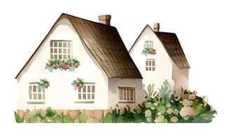 Watercolor rustic village house. Countryside landscape in strawberry theme. berry farmhouse. photo