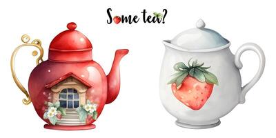 Watercolor teapot with strawberry tea. Time o clock. . Strawberry tea party, Tea shop, cafe, tea lover. photo