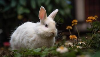 A cute, fluffy baby rabbit sitting in the grass outdoors generated by AI photo