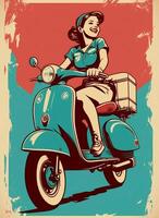 Clásico retro póster, mujer en un ciclomotor. publicidad póster años 50, años 60, café venta. grunge póster. ai generado foto