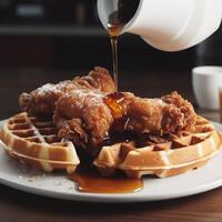 Fried chicken with waffles and syrup. Crispy homemade fried chicken on top of homemade buttermilk waffles with maple syrup. photo