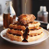 Fried chicken with waffles and syrup. Crispy homemade fried chicken on top of homemade buttermilk waffles with maple syrup. photo