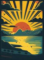 retro póster de un marina con ondas, gaviotas y nubes amanecer y puesta de sol. impresión casa. antecedentes para póster, bandera. ai generado foto