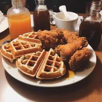 Fried chicken with waffles and syrup. Crispy homemade fried chicken on top of homemade buttermilk waffles with maple syrup. photo