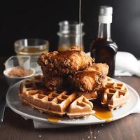 Fried chicken with waffles and syrup. Crispy homemade fried chicken on top of homemade buttermilk waffles with maple syrup. photo