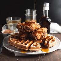 Fried chicken with waffles and syrup. Crispy homemade fried chicken on top of homemade buttermilk waffles with maple syrup. AI Generated photo