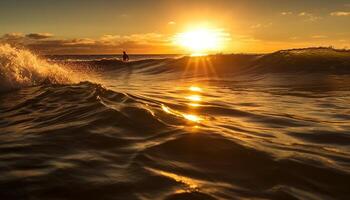 Surfing at dusk, one person adventure in nature beauty generated by AI photo