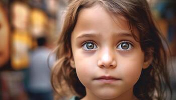 un linda niñito con marrón ojos mirando arriba a naturaleza generado por ai foto