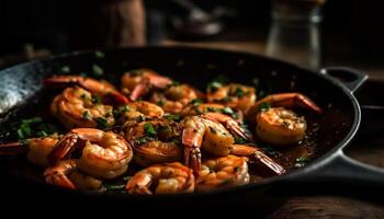 Grilled prawn and scampi on cast iron, a gourmet delight generated by AI photo