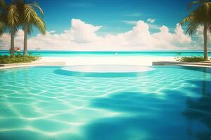 tropical swimming pool with ocean background photo