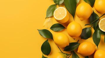 arrange lemon and leaf in yellow background photo