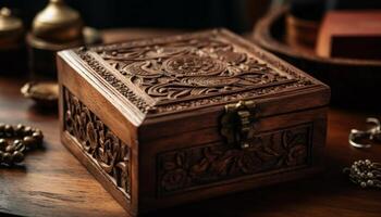 An antique wooden box with ornate metal decoration and lid generated by AI photo