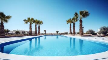 summer swimming pool with palm tree and blue sky photo