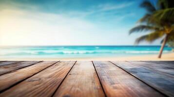 empty table mockup in blur beach background photo